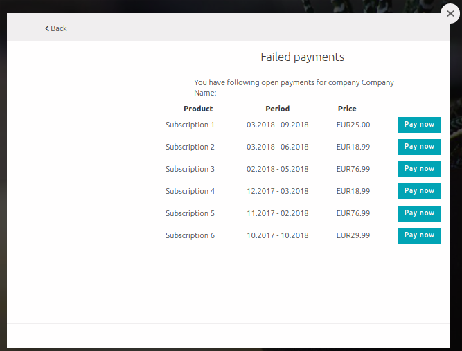 Failed Payments screen